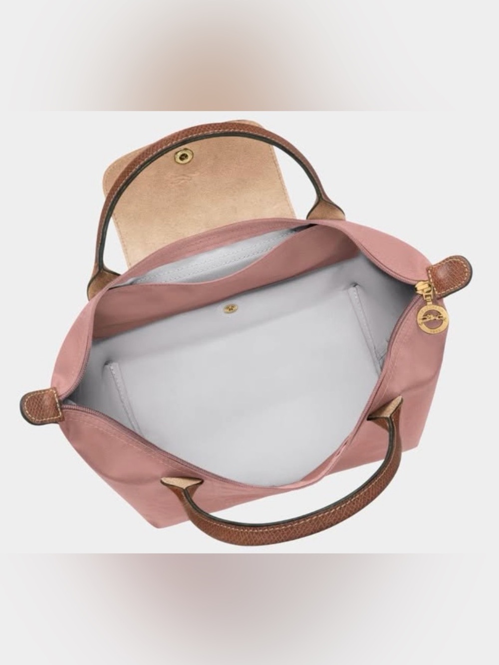 Longchamp Small Le Pliage Top-Handle Tote in Dusty Rose with Brown Trim - Picture 3 of 3